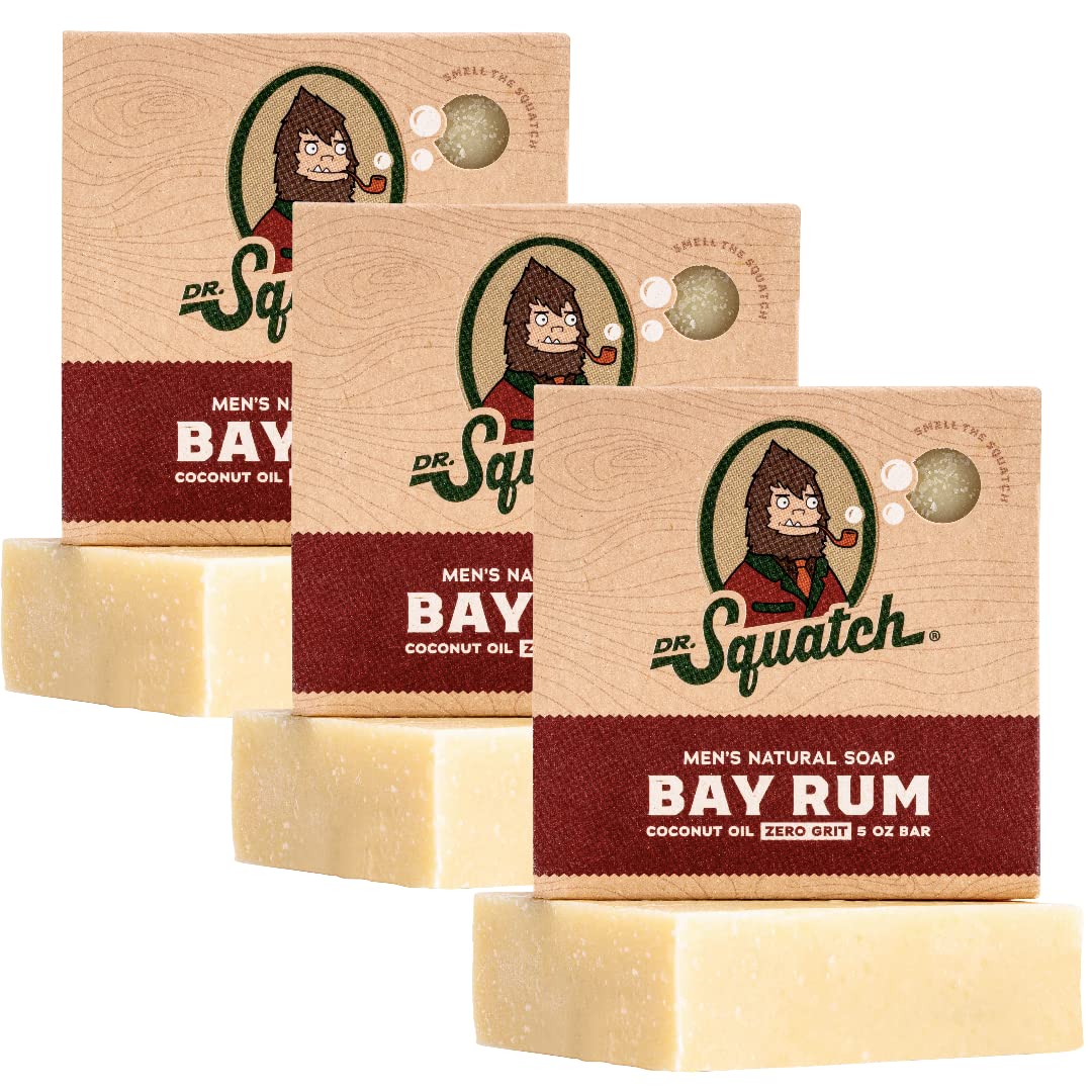 Dr. Squatch Bay Rum front packaging showing three bars and branding, highlights value