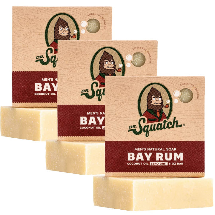 Dr. Squatch Bay Rum front packaging showing three bars and branding, highlights value