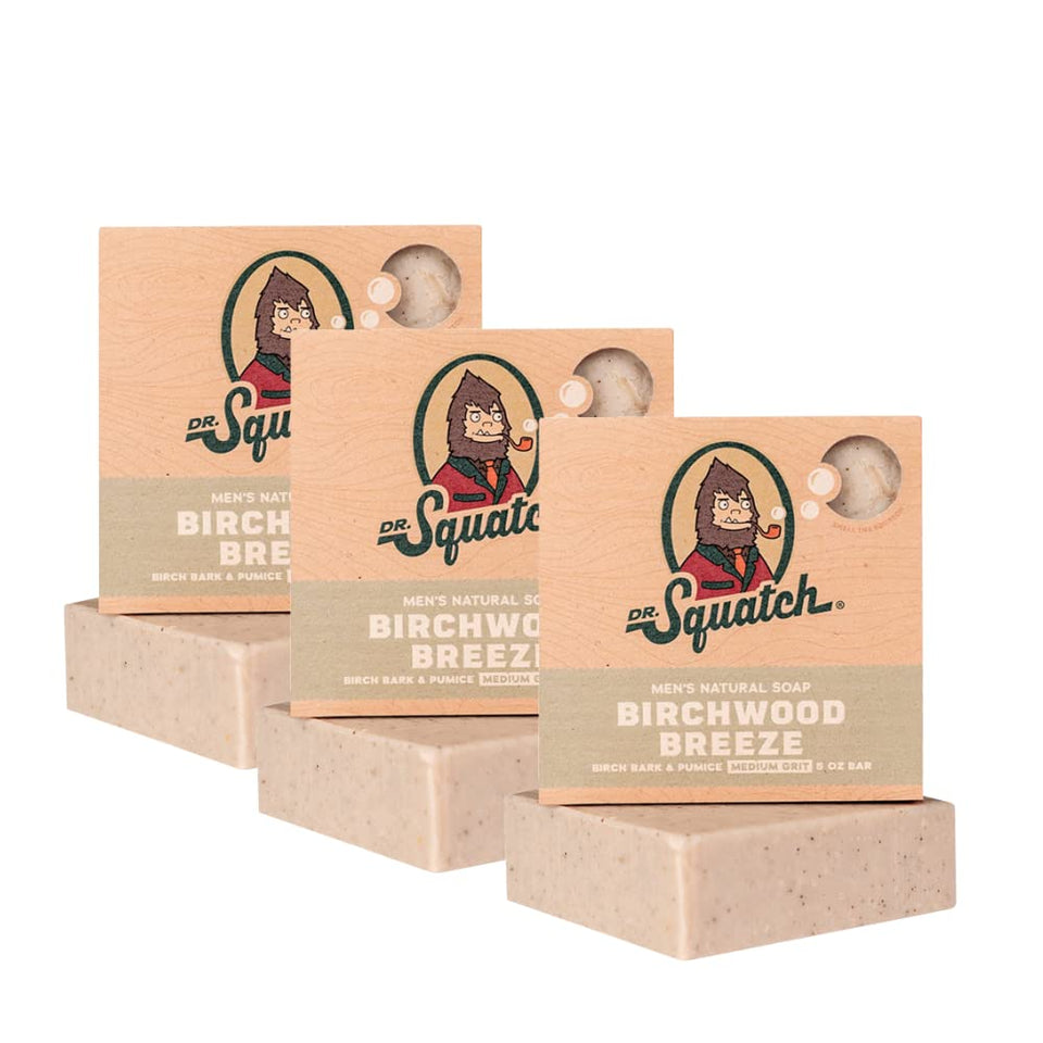 Dr. Squatch front packaging showing three bars and woody scent benefit