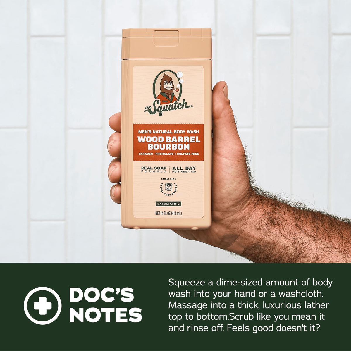 Dr. Squatch bottles on shower shelf portraying real-life use and long-lasting fragrance