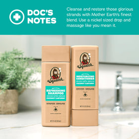 Dr. Squatch bottles next to hand showing 11 fl oz scale and travel-friendly benefit