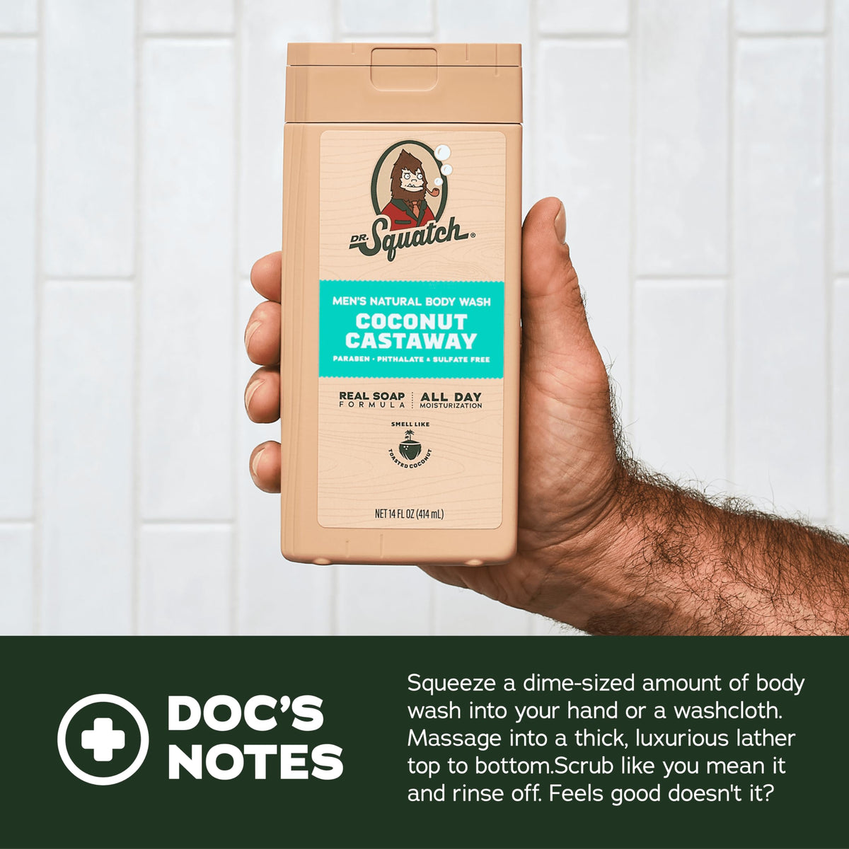 Dr. Squatch Coconut Castaway bottle label showing tropical scent benefit