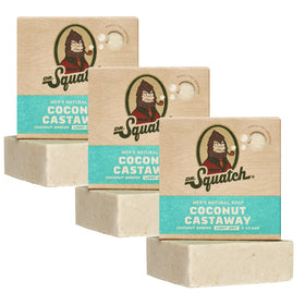 Dr. Squatch front packaging showing three Coconut Castaway bars and clear labeling for gifting