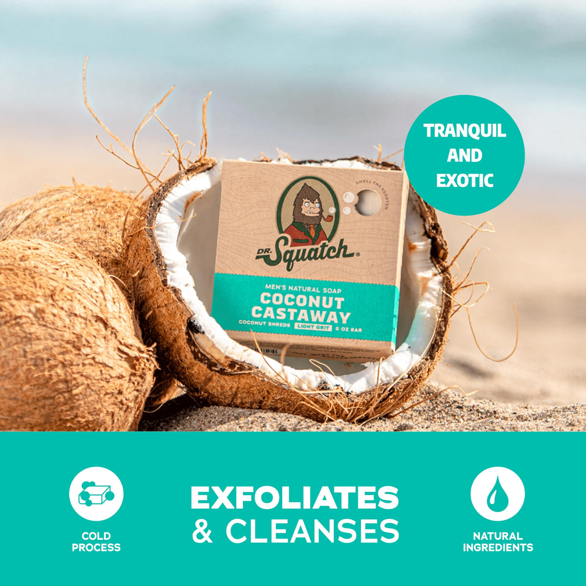 Dr. Squatch Coconut Castaway bar in hand to show size and travel friendliness on the go