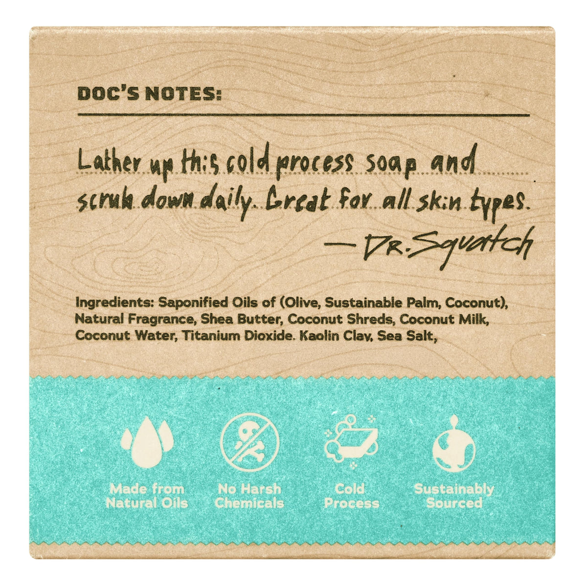Dr. Squatch closeup texture of Coconut Castaway bar highlighting creamy lather and smooth finish