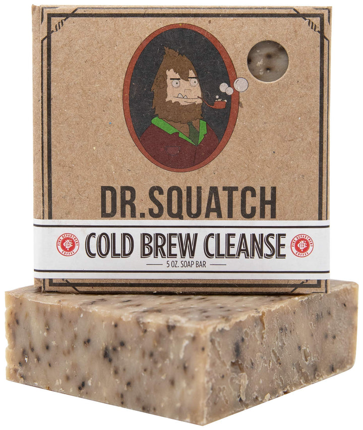 Dr. Squatch front bar view showing label and coffee scent benefit