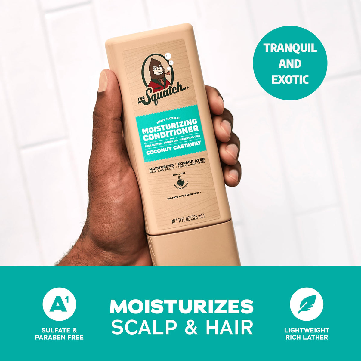 Dr. Squatch shampoo and conditioner in shower showing easy in-shower use