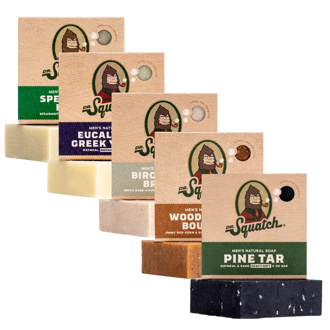 Dr. Squatch front packaging showing five scented bars and gift-ready appeal