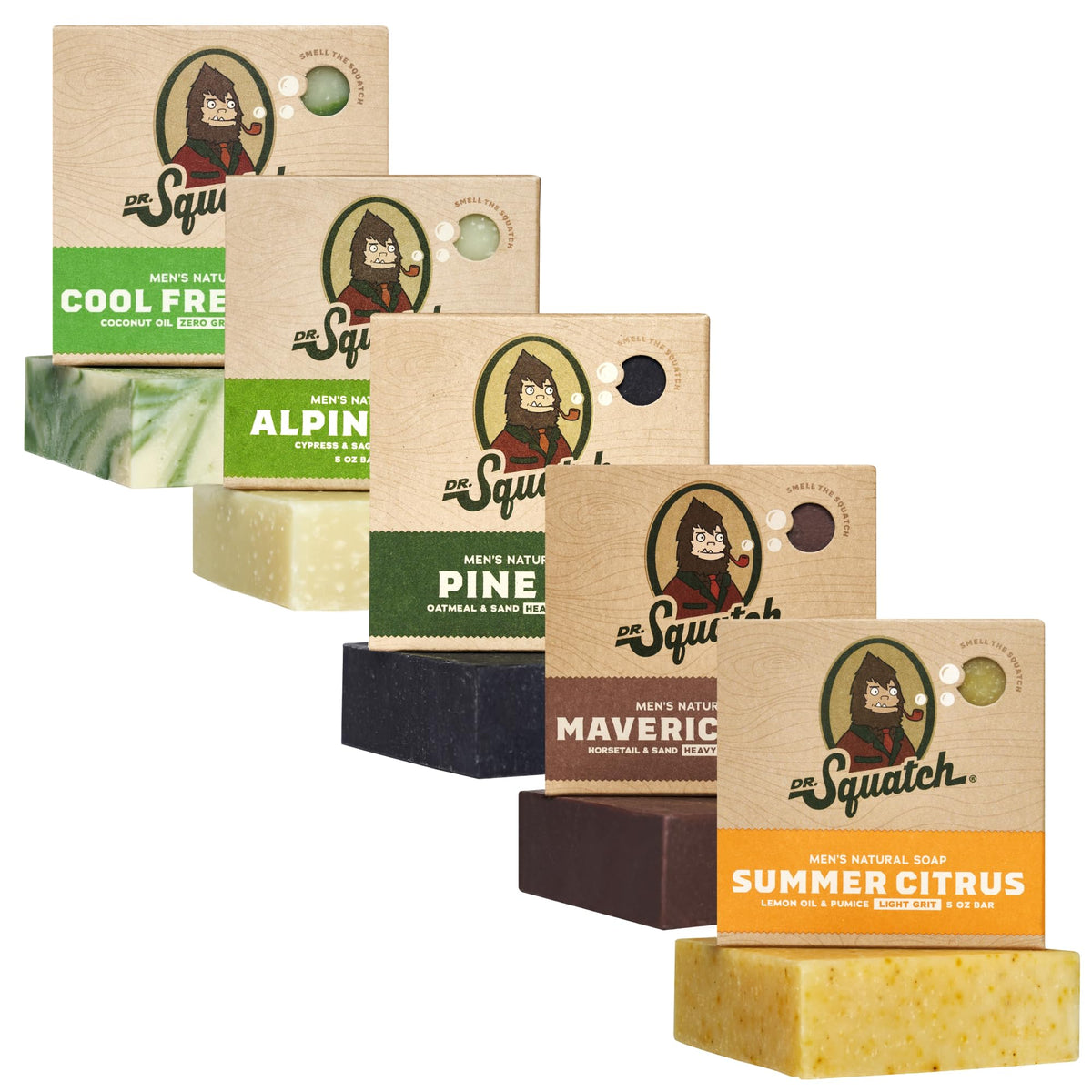 Dr. Squatch five-pack front view showing all scents and packaging benefit: choice variety
