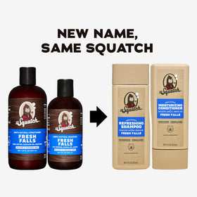 Close-up of Dr. Squatch bottle label highlighting Fresh Falls scent and natural ingredient callouts