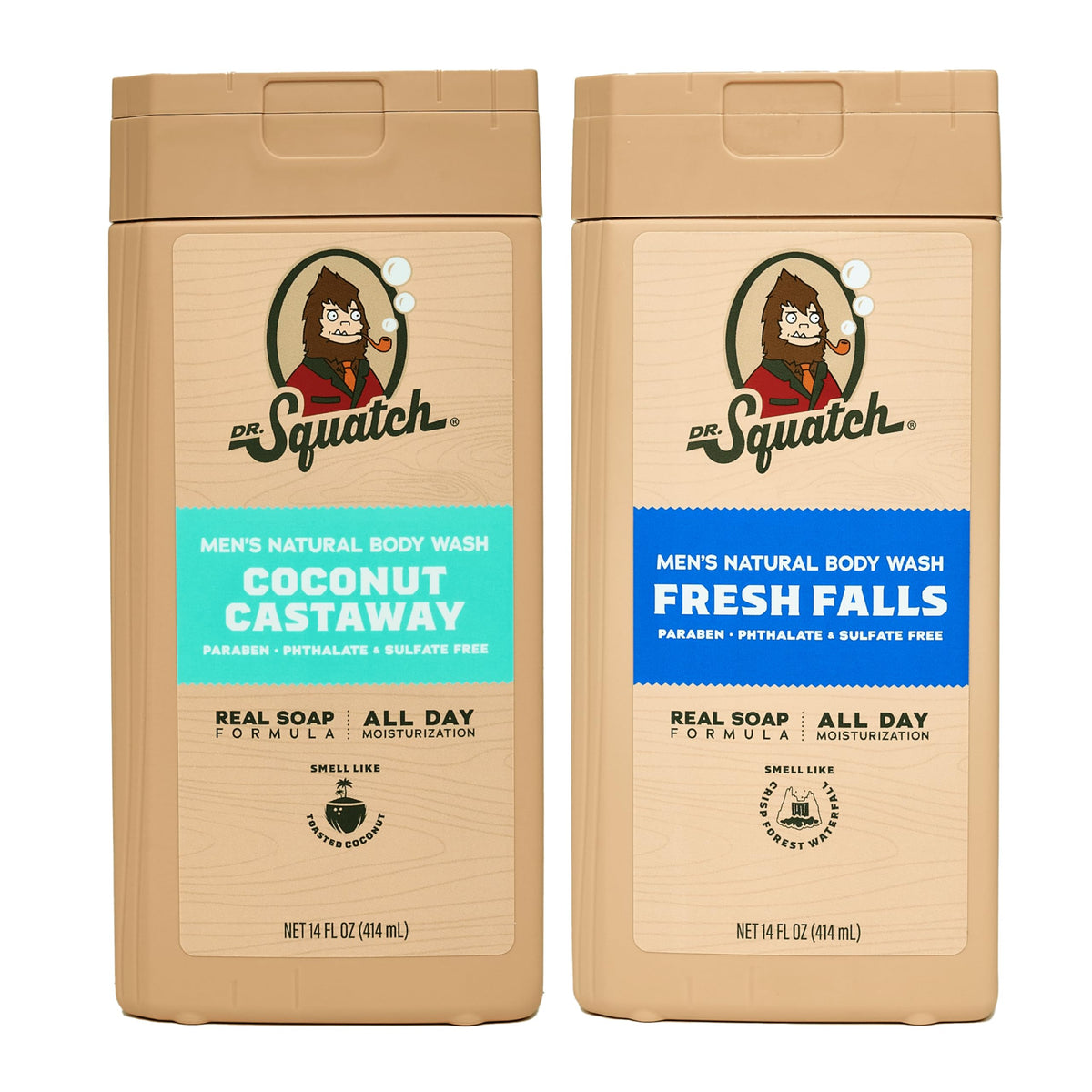 Dr. Squatch front packaging showing both Fresh Falls and Coconut Castaway scents, clear product identity and value