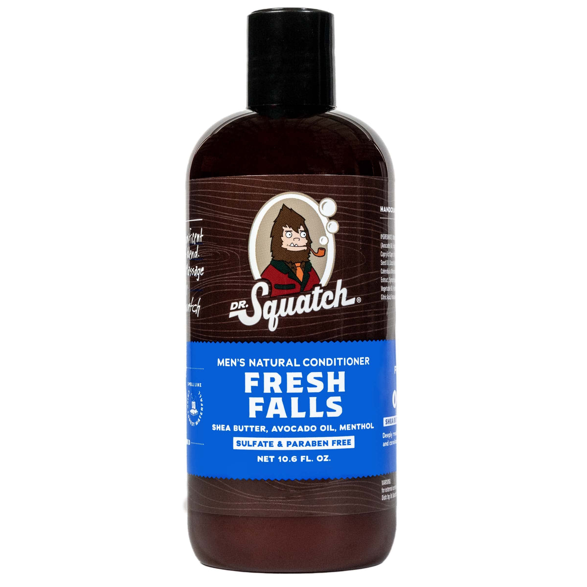 Dr. Squatch bottle front view showing Fresh Falls scent and labeling benefit hydration