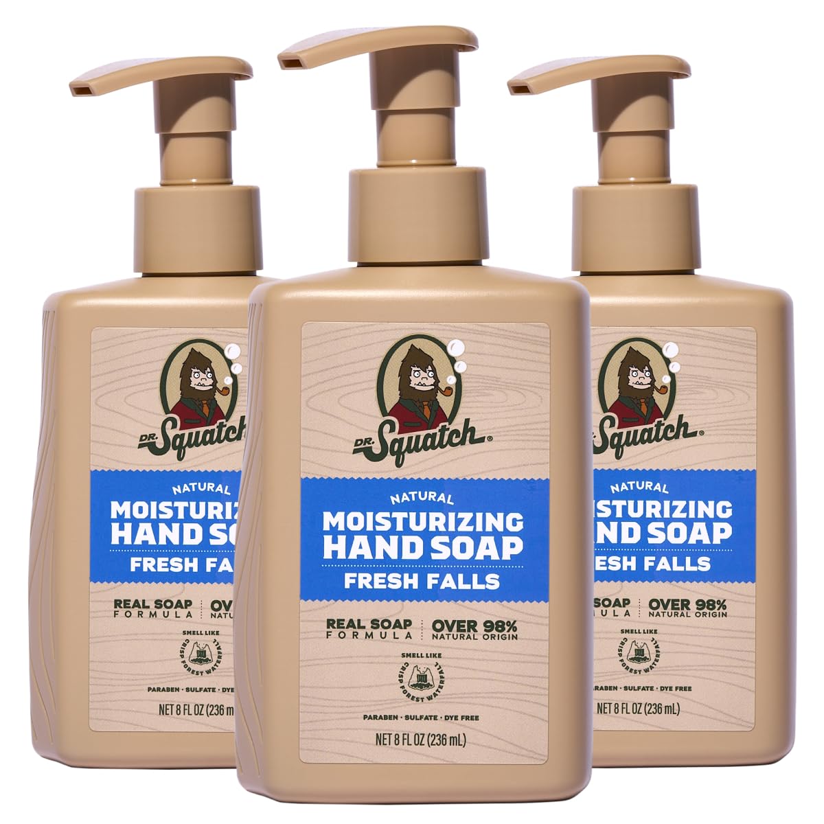 Dr. Squatch bottles front view showing three Fresh Falls pumps and pack benefit