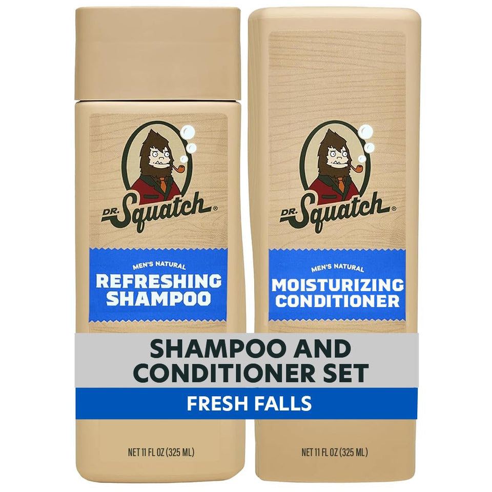 Dr. Squatch Fresh Falls front packaging showing two 11 fl oz bottles and scent branding for easy gifting
