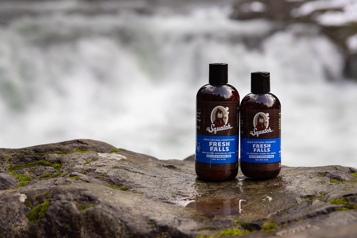 Dr. Squatch Fresh Falls bottle in shower scene for active routines
