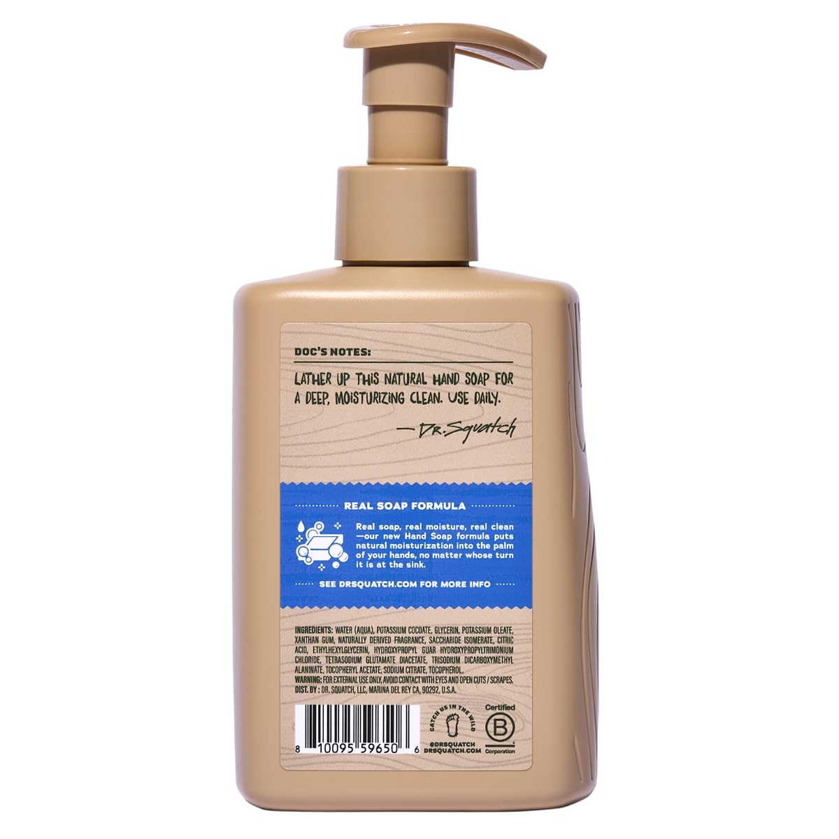 Dr. Squatch label close-up showing natural-origin claims and ingredient clarity