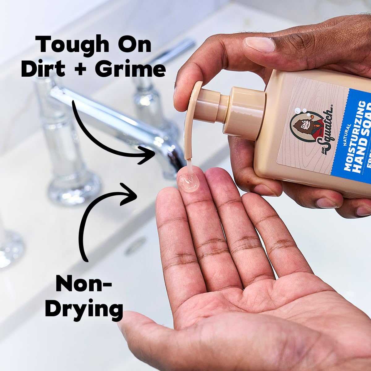 Dr. Squatch pump close-up demonstrating easy one-handed dispensing