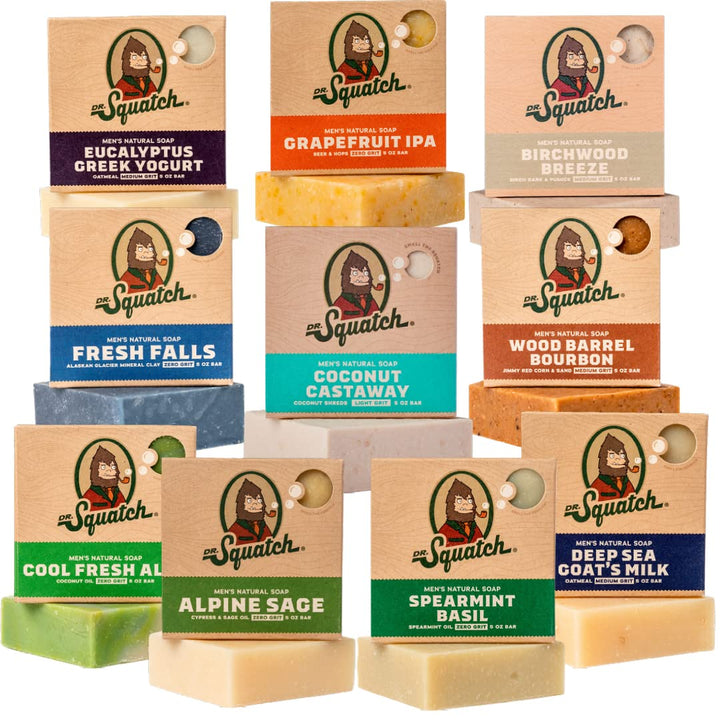 Dr. Squatch front packaging showing the 10-pack and scent labels for easy selection