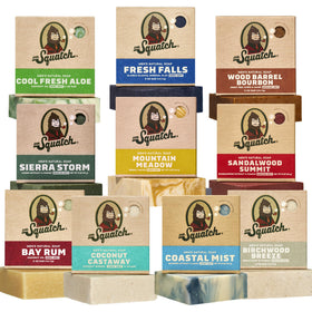 Dr. Squatch front packaging showing 10-pack and scent variety, highlights convenience