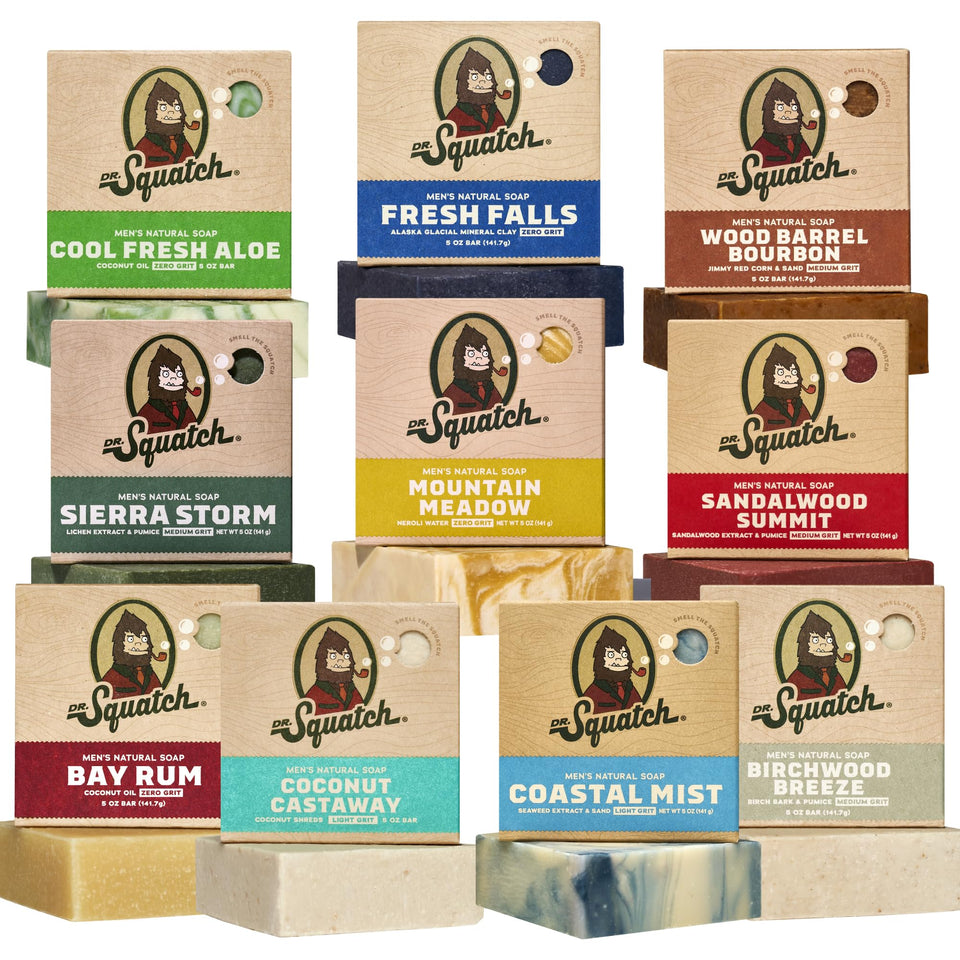 Dr. Squatch front packaging showing 10-pack and scent variety, highlights convenience