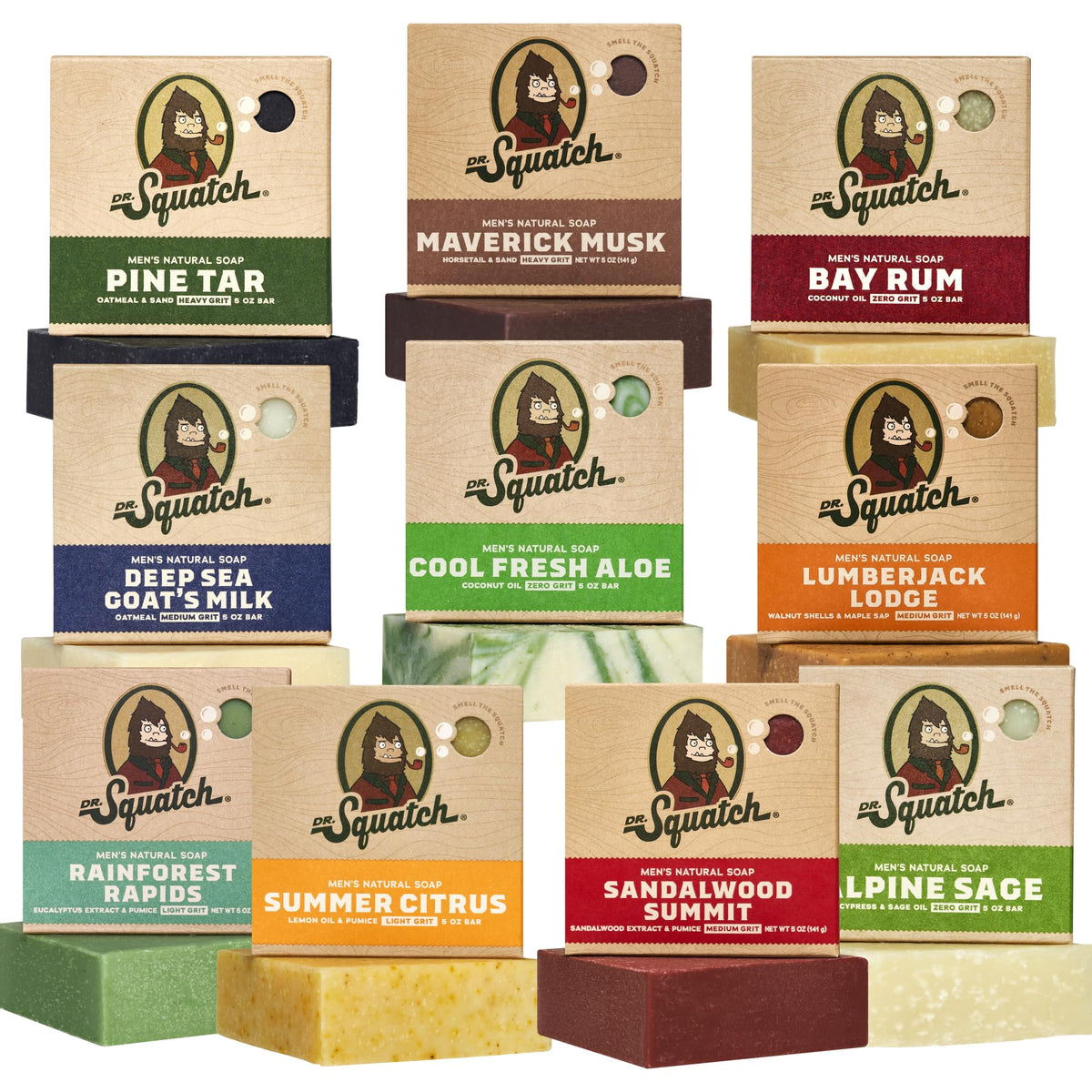 Dr. Squatch front packaging 10-pack showing assorted scents and value