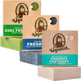 Dr. Squatch front packaging showing three scent bars and gift-ready design