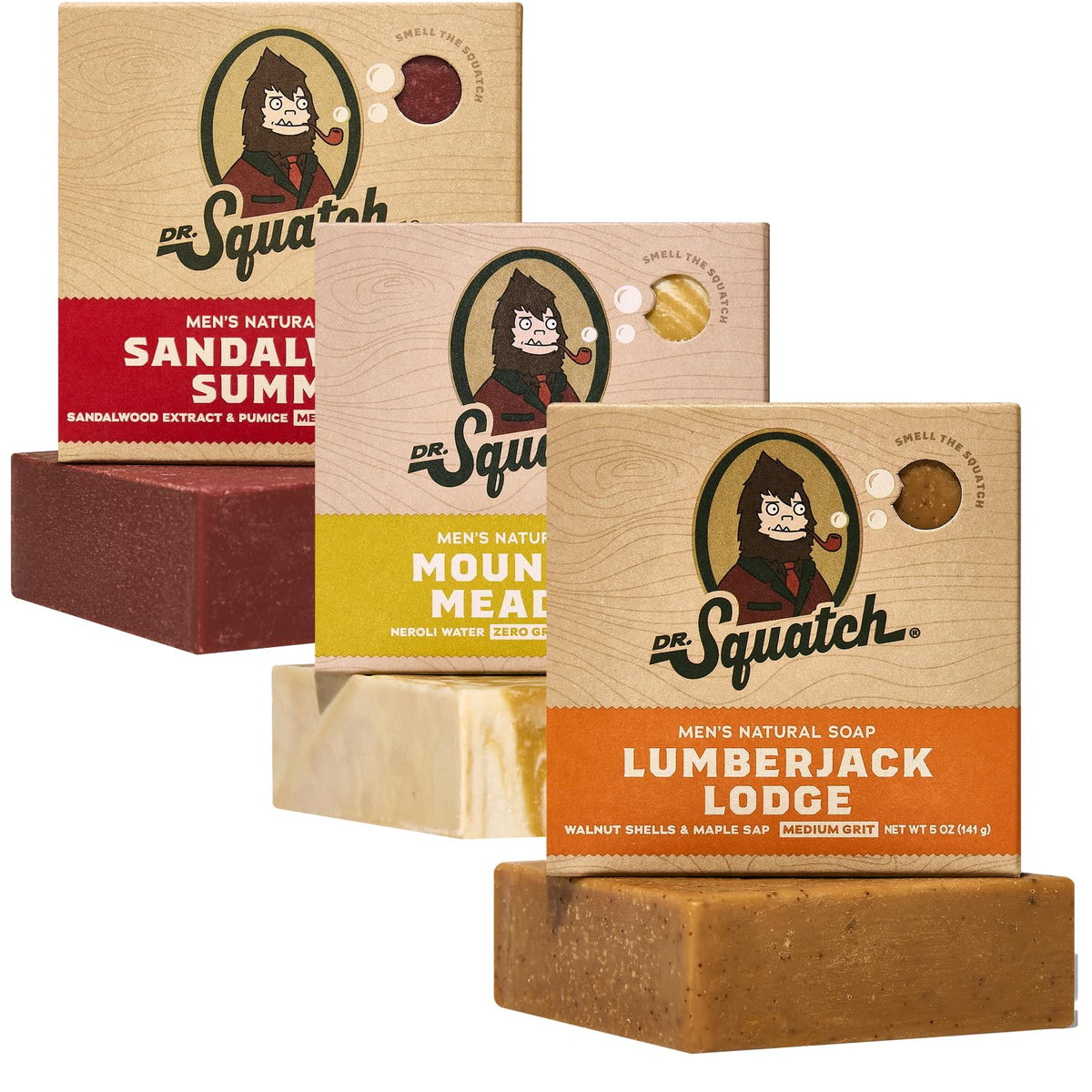 Dr. Squatch three-bar pack front view showing scents and natural ingredients benefit: clear selection