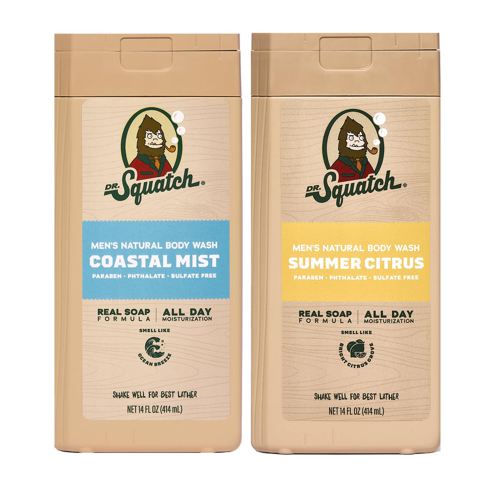 Dr. Squatch front packaging showing two bottles benefit: clear scent variety