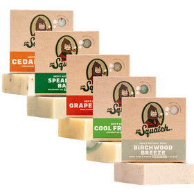 Dr. Squatch five-pack front packaging showing all five scent bars and benefits