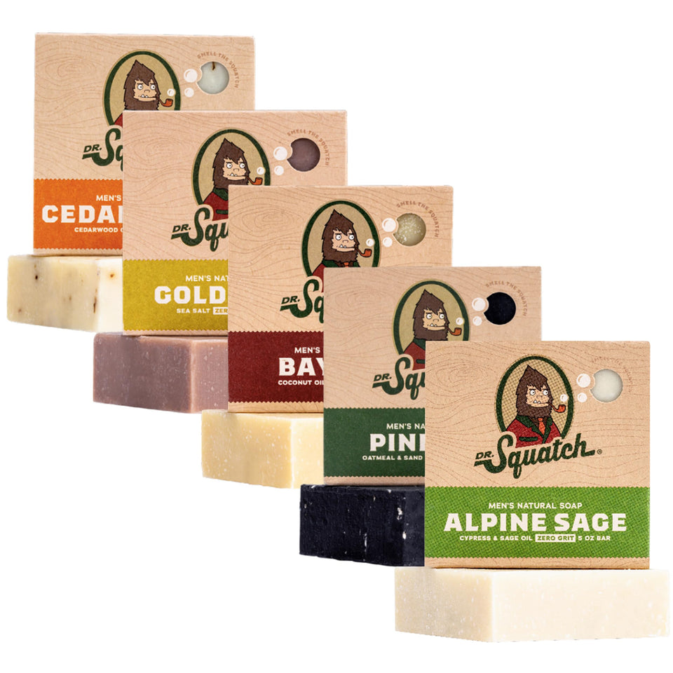 Dr. Squatch front packaging five-pack showing variety and convenience