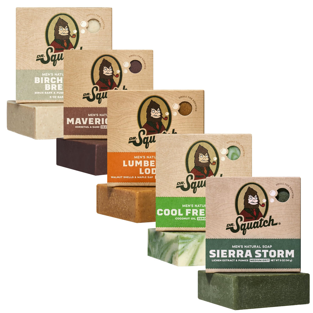 Dr. Squatch front packaging showing five scent variety and giftable presentation