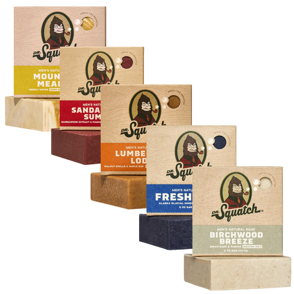 Dr. Squatch front packaging five-pack showcasing all five scents and gift-ready look
