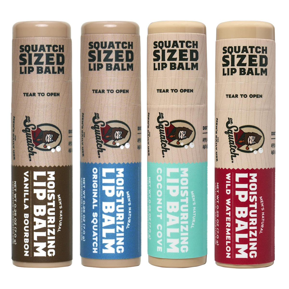 Dr. Squatch front packaging showing four scent tubes and giftable value