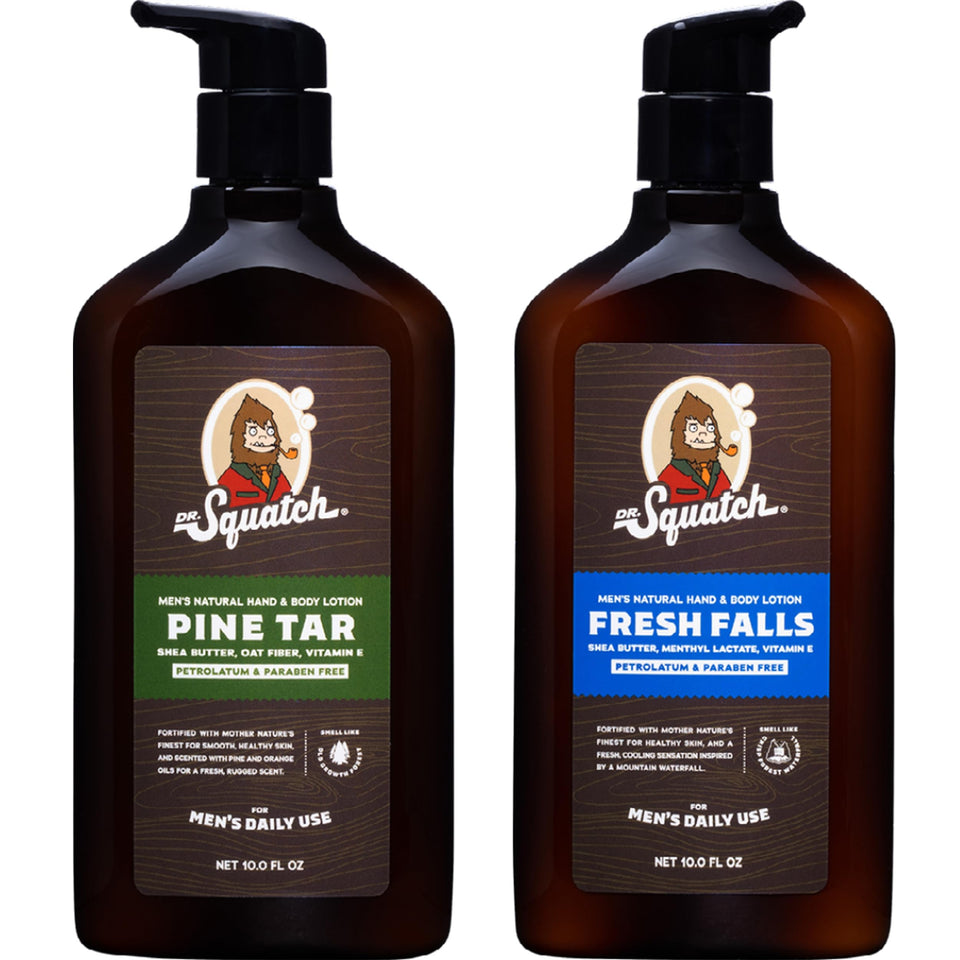 Dr. Squatch front packaging showing Pine Tar and Fresh Falls benefits
