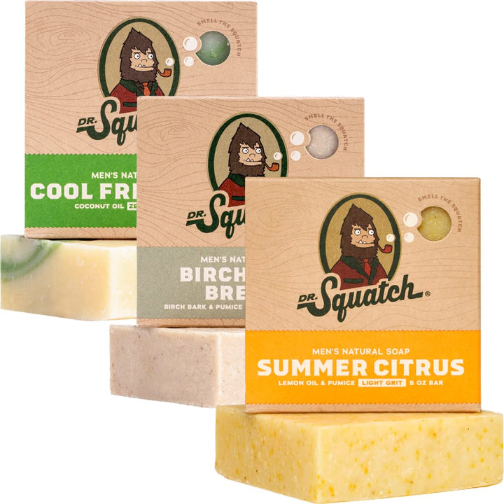 Dr. Squatch front packaging showing three scent bars and easy gift appeal