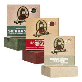 Dr. Squatch front packaging showing three scent bars and clear labeling for gift-ready appeal