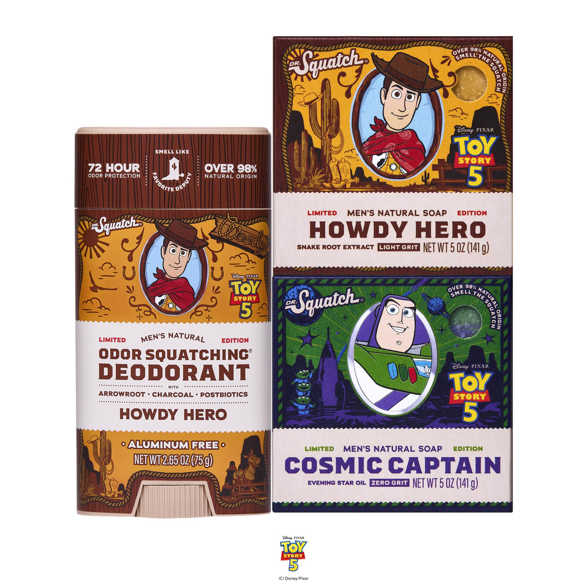 Dr. Squatch front packaging showing limited-edition Toy Story 3-pack and collectible appeal