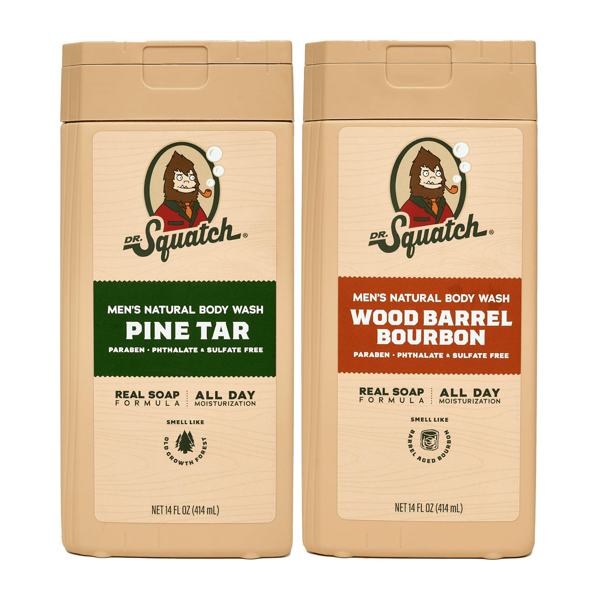 Dr. Squatch front packaging showing two 14 oz bottles and benefit of long-lasting scent