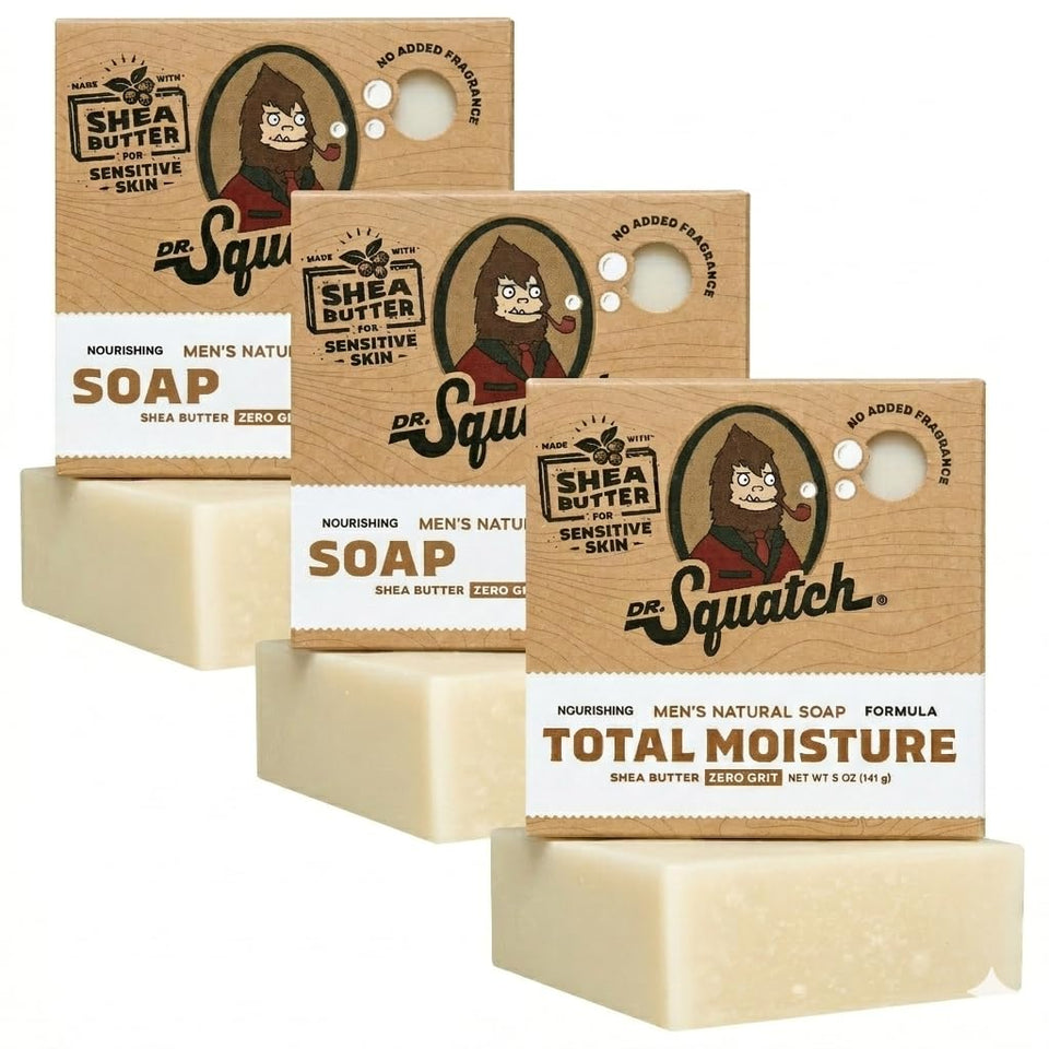 Dr. Squatch front packaging shows unscented three-pack and clear benefits