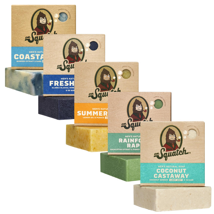 Dr. Squatch front packaging showing five varied scent bars and branding benefit of variety