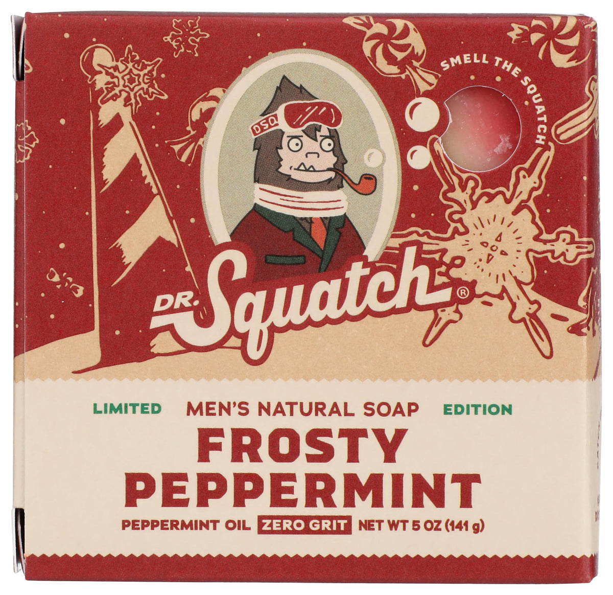 Dr. Squatch Frosty Peppermint front view showing bar and label, refreshing mint aroma
