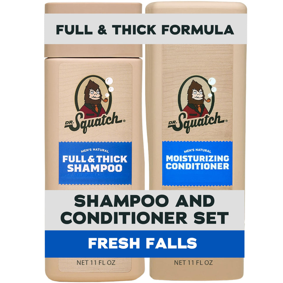 Dr. Squatch front packaging showing the Fresh Falls two-pack and styling benefits