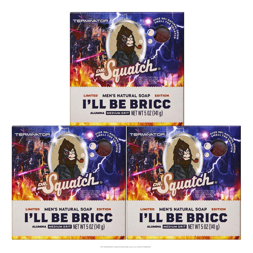 Dr. Squatch front packaging of limited edition I'll be Bricc soap showing bold branding and gift-ready box