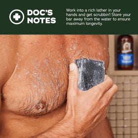 Dr. Squatch bar lathered in hand producing rich foam for effective cleansing