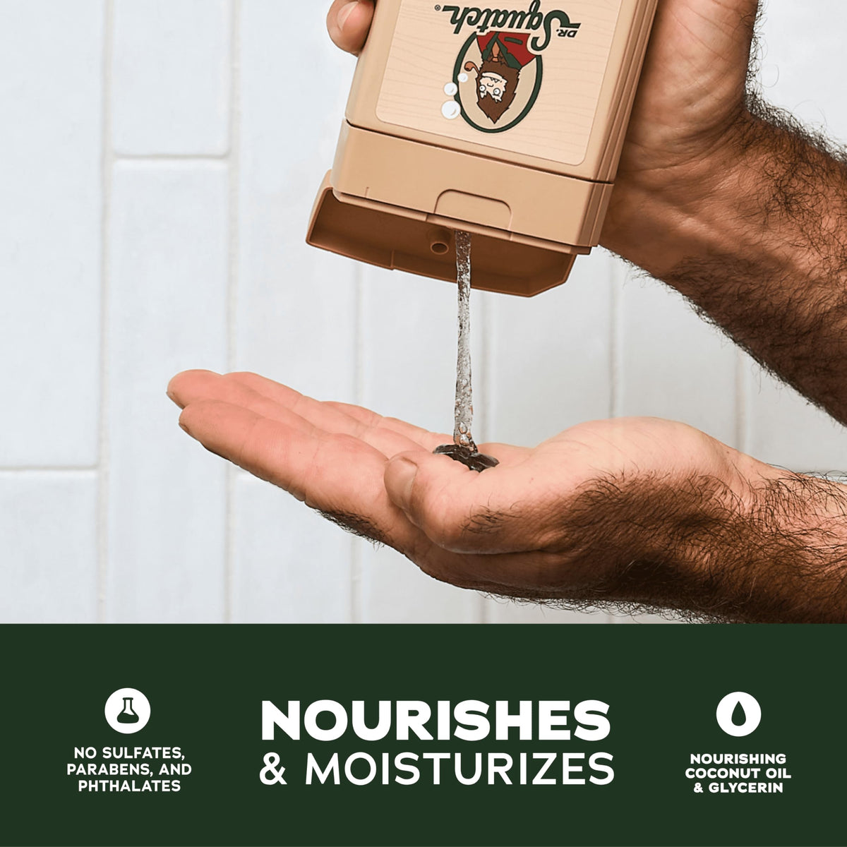 Dr. Squatch creamy lather on loofah illustrating rich foam and effective cleansing