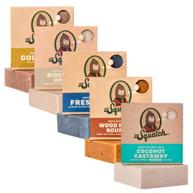 Dr. Squatch front-facing 5-pack showing all five scented bars and gift-ready packaging