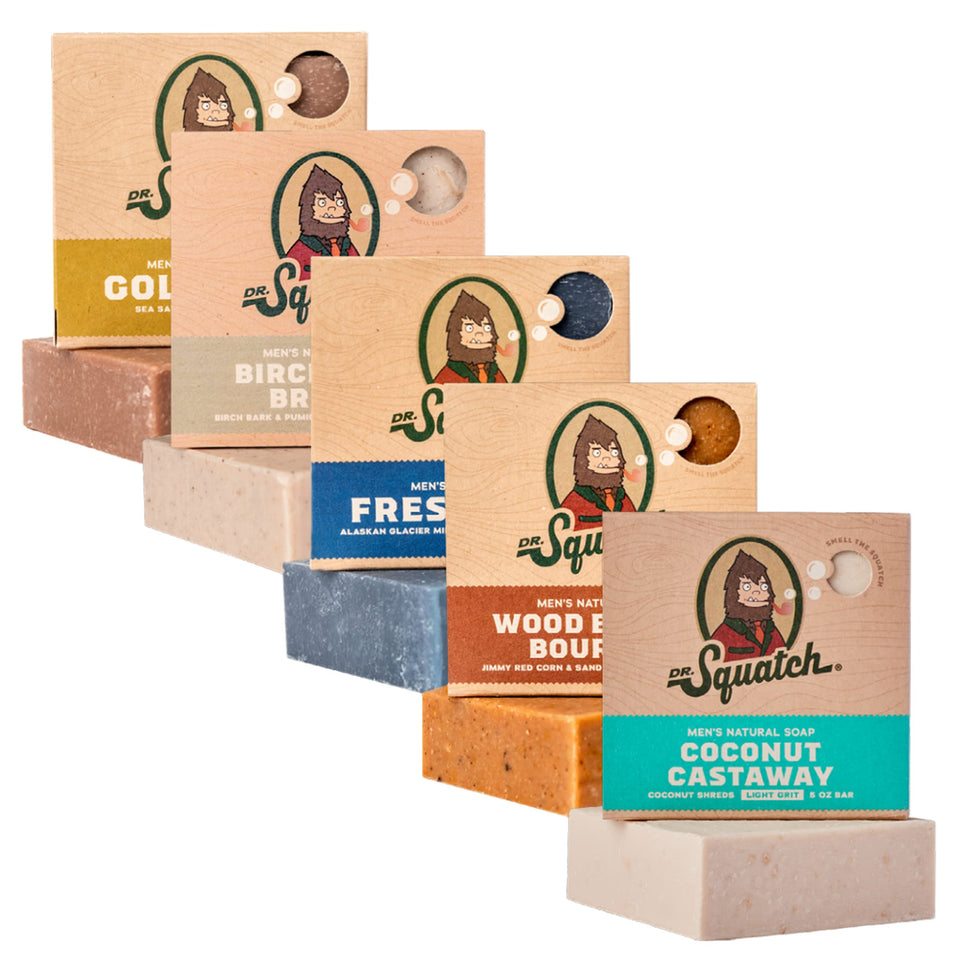 Dr. Squatch front-facing 5-pack showing all five scented bars and gift-ready packaging