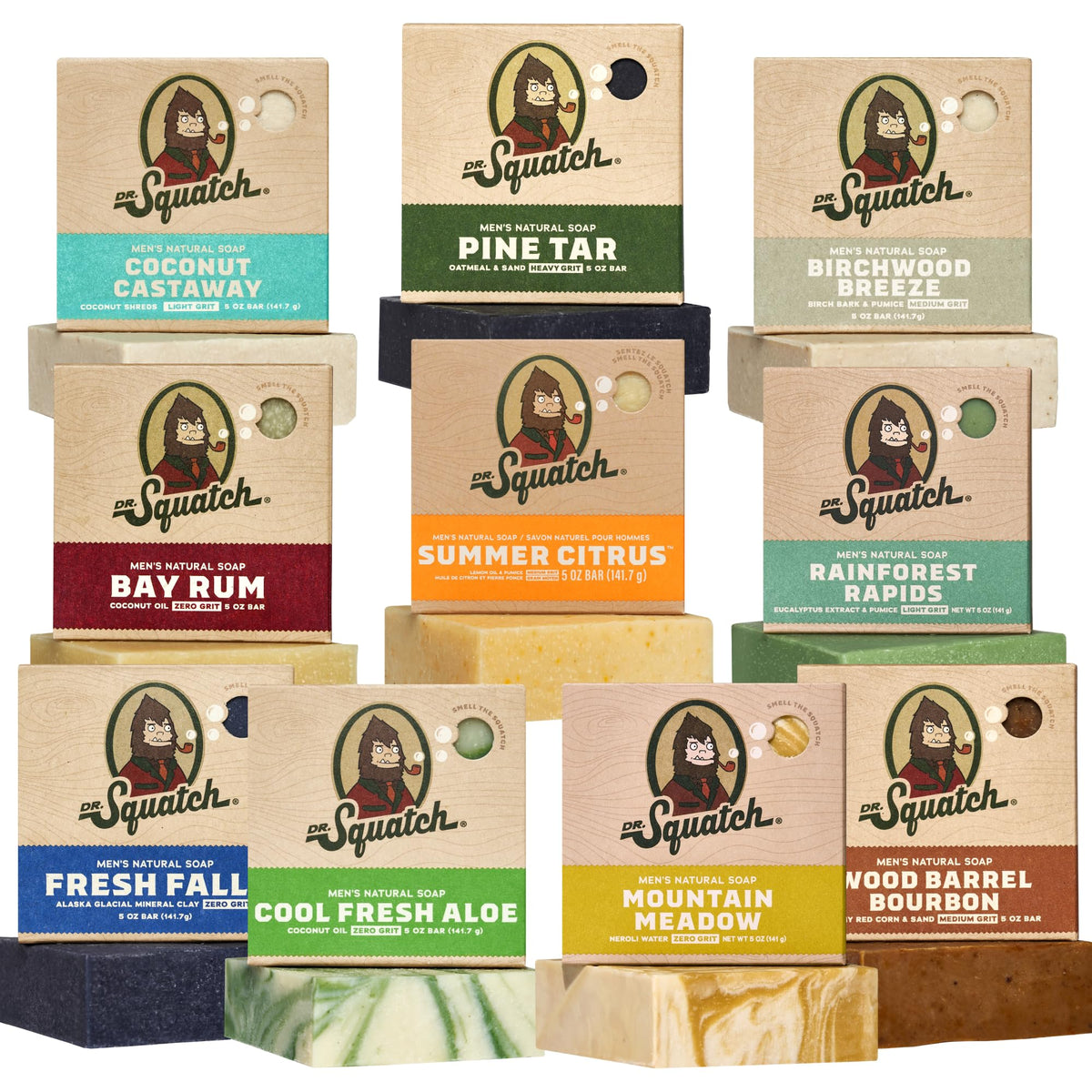 Dr. Squatch pack front view showing assorted scented bars and variety benefit