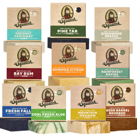 Dr. Squatch pack front view showing assorted scented bars and variety benefit