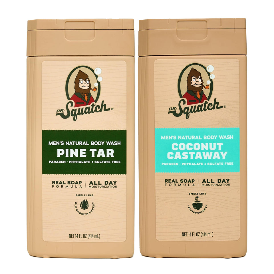 Dr. Squatch front packaging showing rugged Pine Tar + Coconut scent benefits